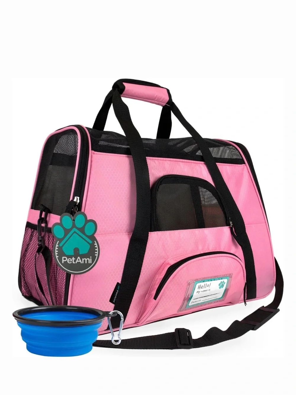 PetAmi Pink Small Pet Carrier Tote 11x17x10 with Travel Bowl
